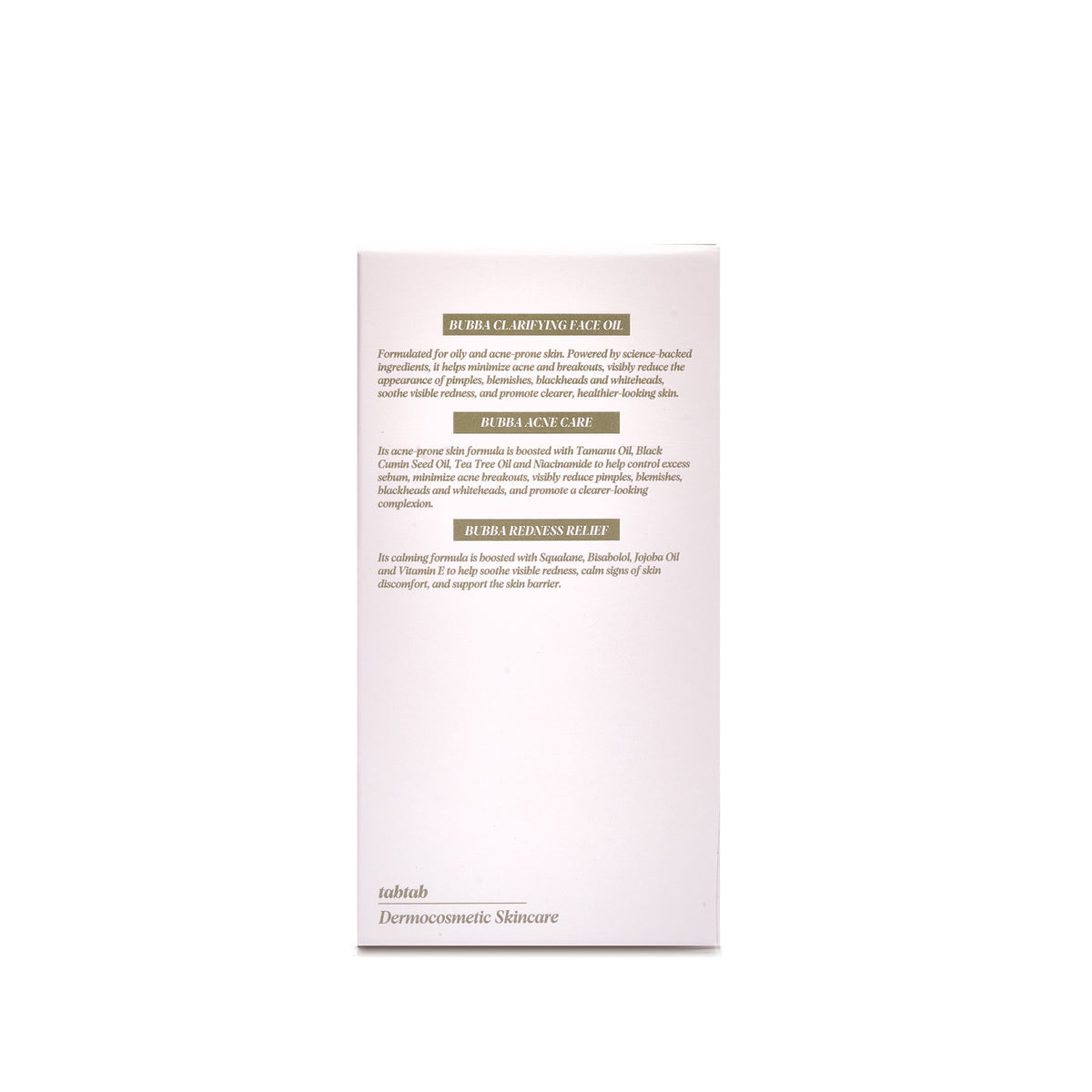 Bubba Clarifying Face Oil carton, ingredients panel