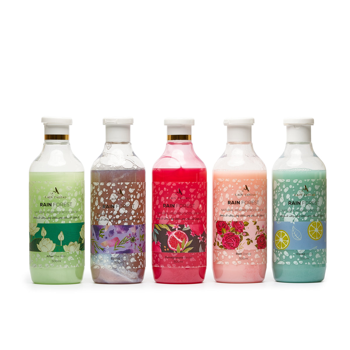Rain Forest body wash, five scents, 500 ml bottles