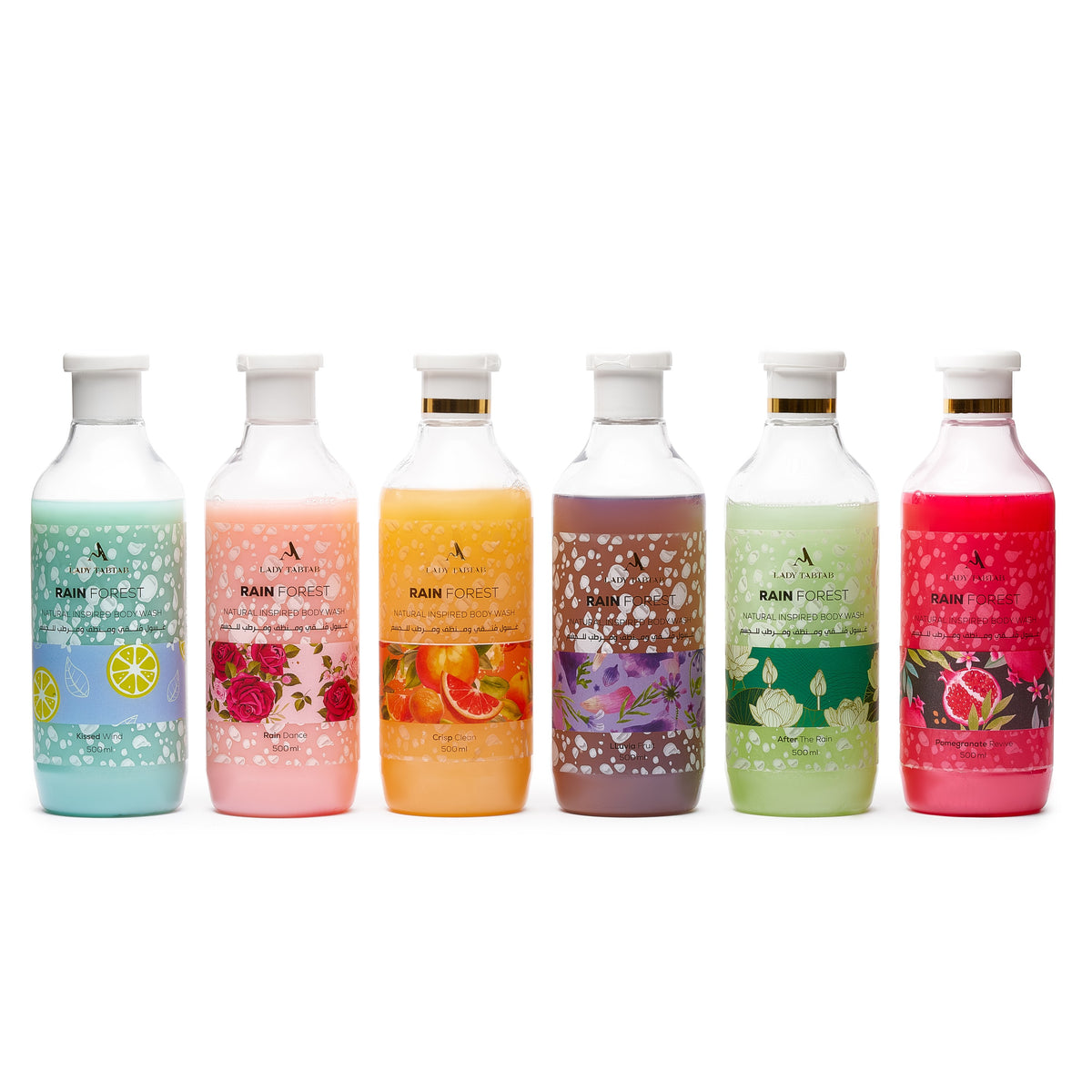 Rain Forest body wash, six scents, 500 ml bottles