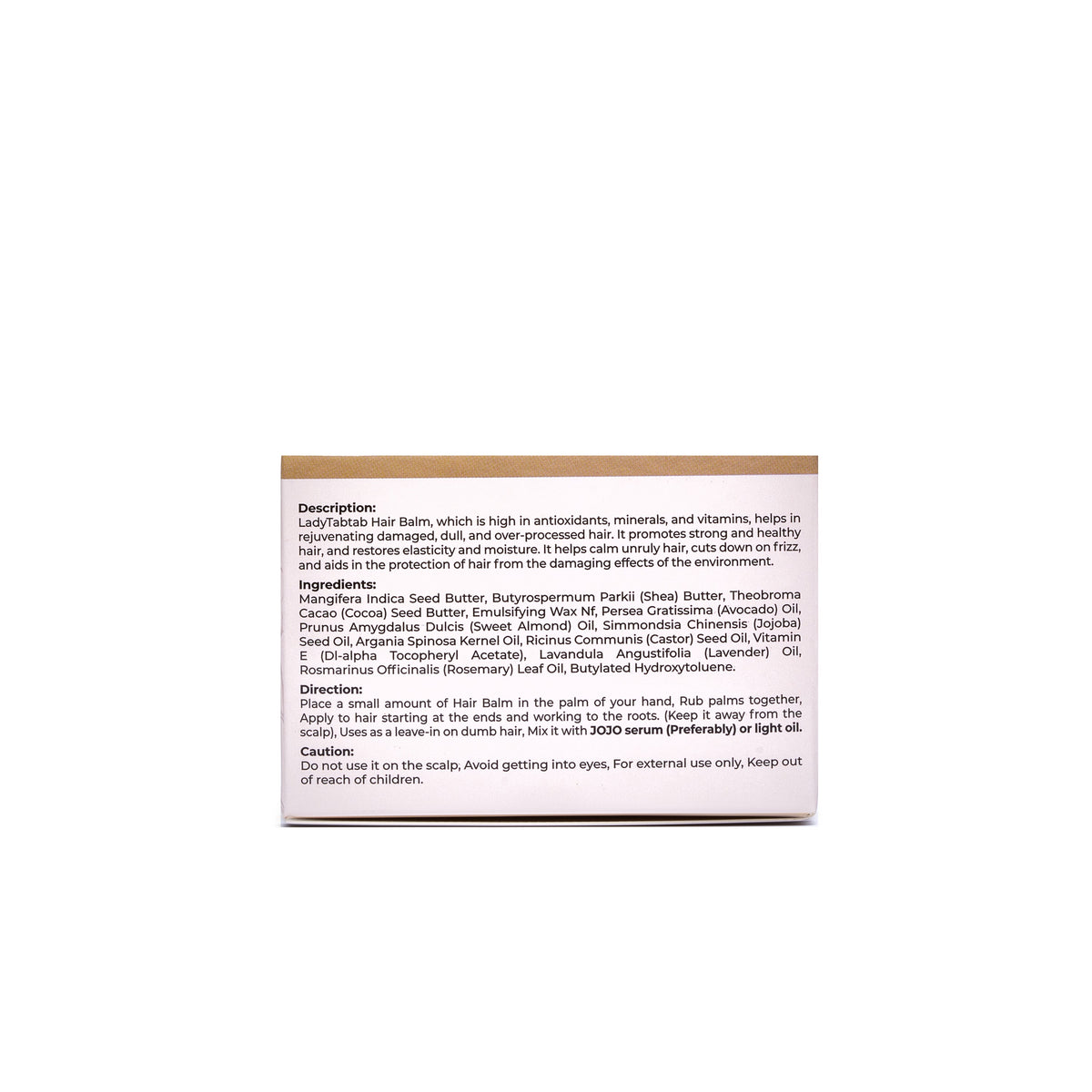 Fluffy Hair Balm carton, ingredients panel