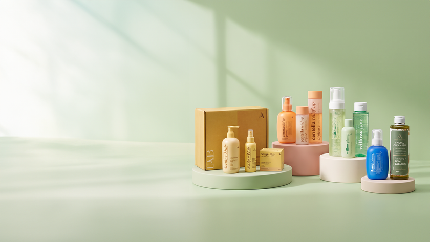 Lady Tabtab bundles on display podiums — Scalp+Hair, Centella Relief Up, Willow and Damp Plump