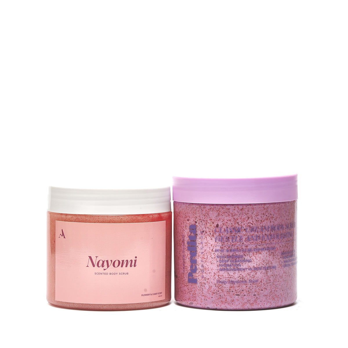 Nayomi and Perdita body scrubs side by side