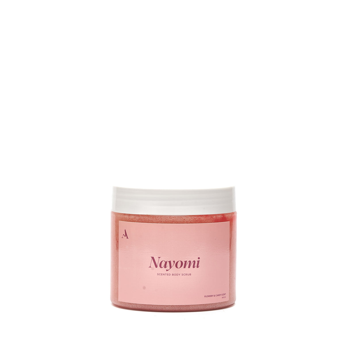 Nayomi scented body scrub, 400 g jar, front label