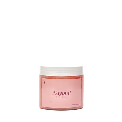Nayomi scented body scrub, 400 g jar, front label